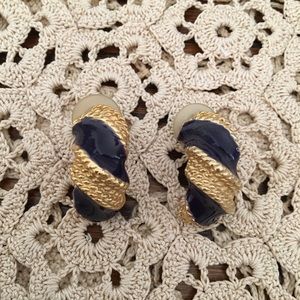 Blue Enamel and Gold Tone Clip on Earrings